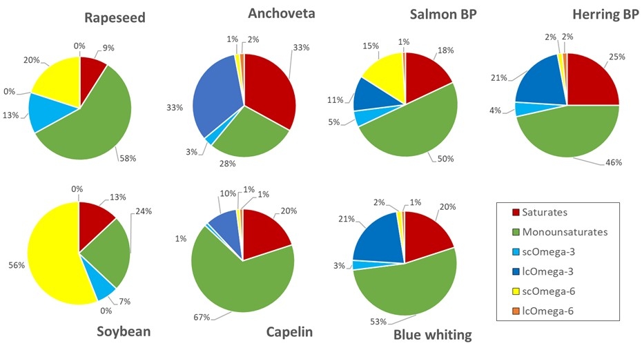 Figure 7. Fatty acid profiles of various oils. Shown are the profiles for rapeseed and soybean vegetable oils, along with salmon by-product and herring by-product oils. Whole fish oils from anchoveta, blue whiting and capelin are also included. Shown are the fatty acid classes of saturates, monounsaturates, short-chain omega-3 polyunsaturates (scOmega-3), long-chain omega-3 polyunsaturates (lcOmega-3), short-chain omega-6 polyunsaturates (scOmega-6), and long-chain omega-6 polyunsaturates (lcOmega-6).